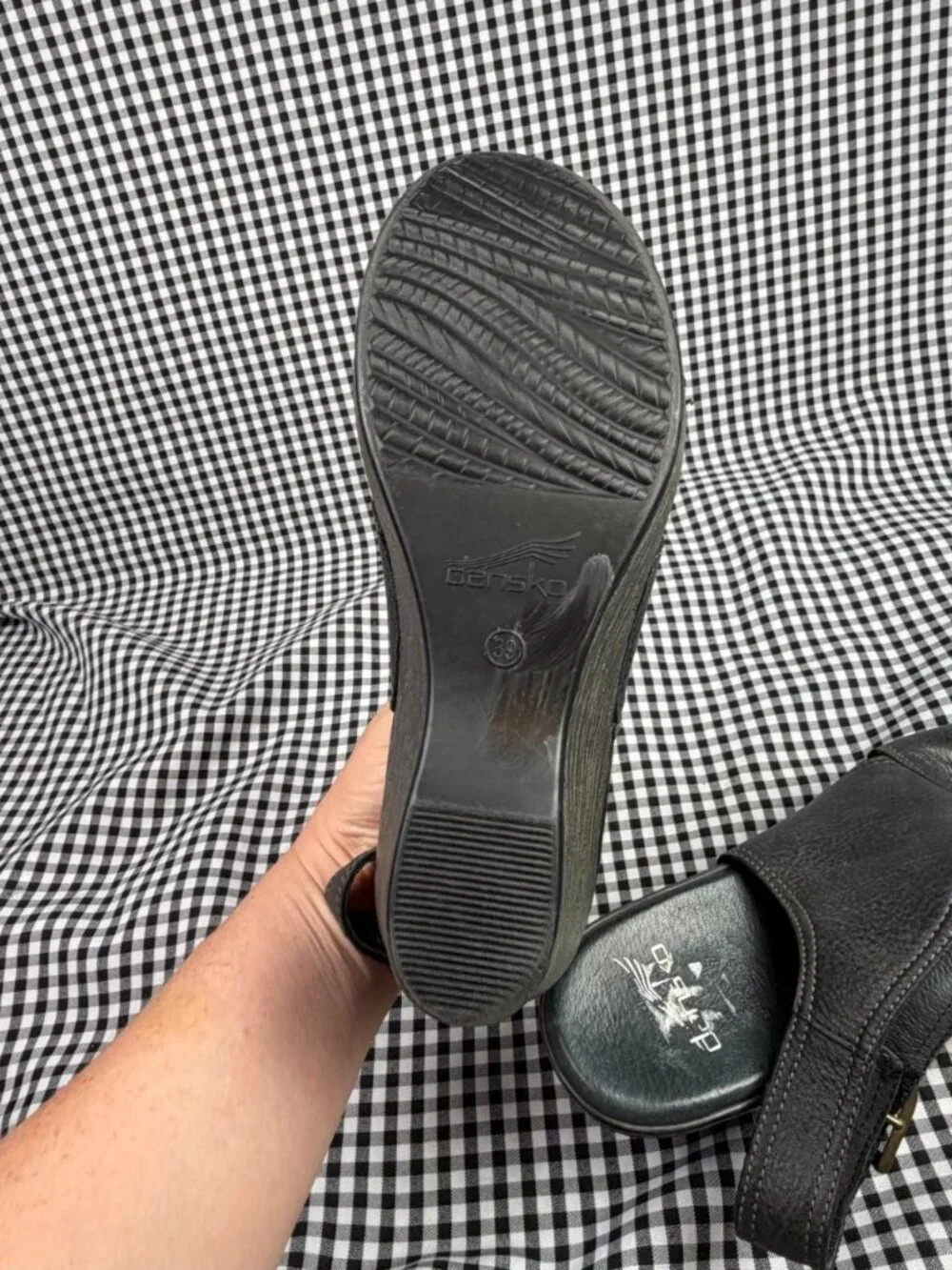 Dansko Vanda Black Leather Peep Toe Wedge Sandals Womens EU 39 / US 8.5 Comfort